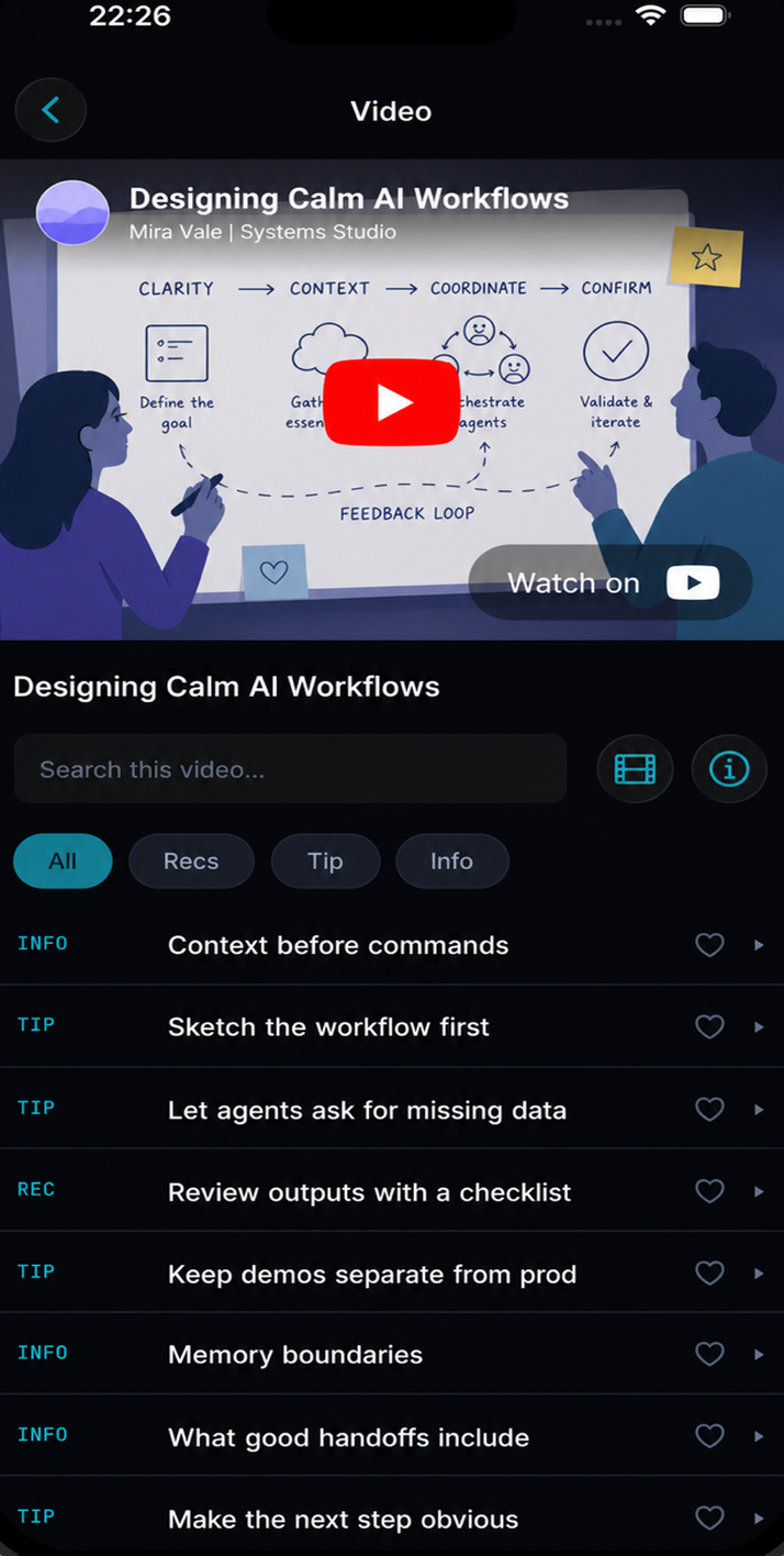 Nolti app: the video 'Designing Calm AI Workflows' indexed into searchable tips, info and recommendations